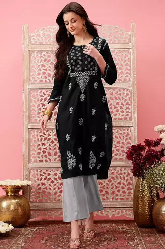 hand embroidered black cotton lucknowi chikankari straight kurta