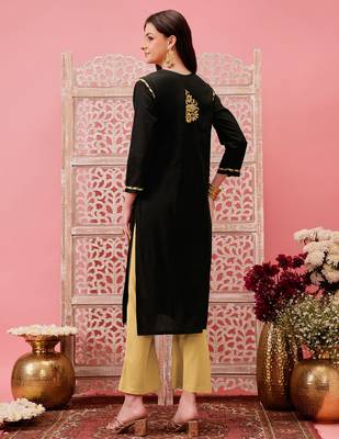 hand embroidered black cotton lucknowi chikankari straight kurta 2