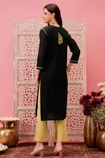 hand embroidered black cotton lucknowi chikankari straight kurta