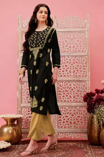 hand embroidered black cotton lucknowi chikankari straight kurta