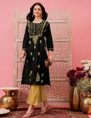 hand embroidered black cotton lucknowi chikankari straight kurta 4