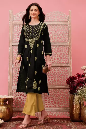 hand embroidered black cotton lucknowi chikankari straight kurta