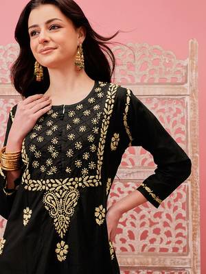 hand embroidered black cotton lucknowi chikankari straight kurta 5