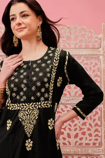 hand embroidered black cotton lucknowi chikankari straight kurta
