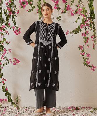 hand embroidered black cotton lucknowi chikankari straight kurta 1