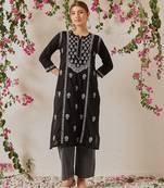 hand embroidered black cotton lucknowi chikankari straight kurta