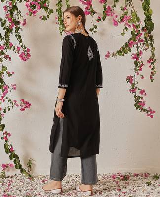 hand embroidered black cotton lucknowi chikankari straight kurta 2