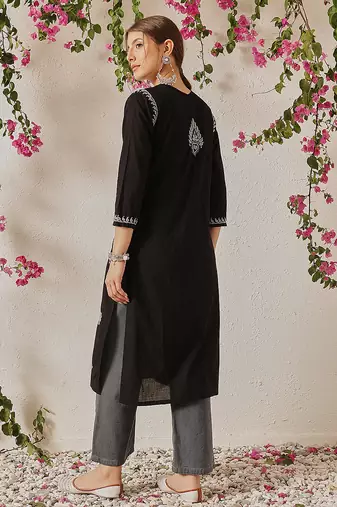 hand embroidered black cotton lucknowi chikankari straight kurta