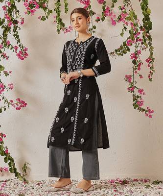hand embroidered black cotton lucknowi chikankari straight kurta 3