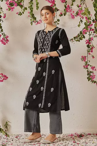 hand embroidered black cotton lucknowi chikankari straight kurta
