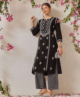 hand embroidered black cotton lucknowi chikankari straight kurta 4