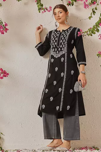 hand embroidered black cotton lucknowi chikankari straight kurta