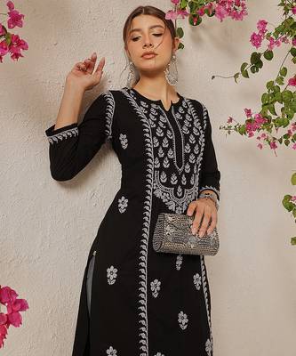 hand embroidered black cotton lucknowi chikankari straight kurta 5