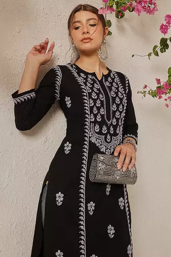 hand embroidered black cotton lucknowi chikankari straight kurta