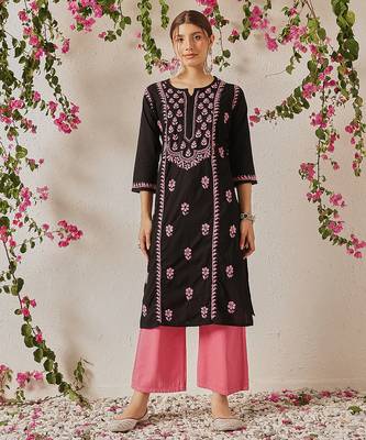 hand embroidered black cotton lucknowi chikankari straight kurta 1