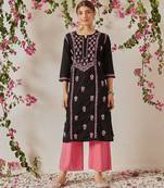 hand embroidered black cotton lucknowi chikankari straight kurta