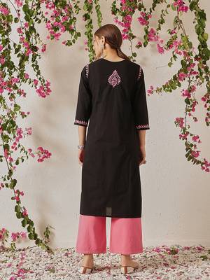 hand embroidered black cotton lucknowi chikankari straight kurta 2