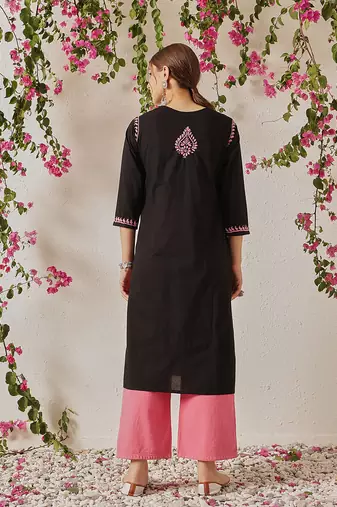 hand embroidered black cotton lucknowi chikankari straight kurta