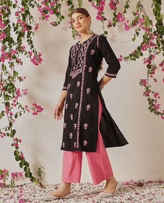 hand embroidered black cotton lucknowi chikankari straight kurta 3