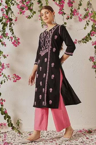 hand embroidered black cotton lucknowi chikankari straight kurta