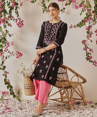 hand embroidered black cotton lucknowi chikankari straight kurta 4