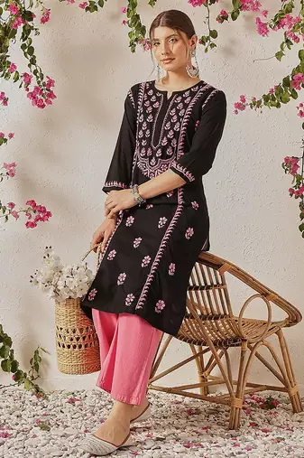 hand embroidered black cotton lucknowi chikankari straight kurta