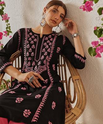 hand embroidered black cotton lucknowi chikankari straight kurta 5