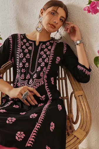 hand embroidered black cotton lucknowi chikankari straight kurta