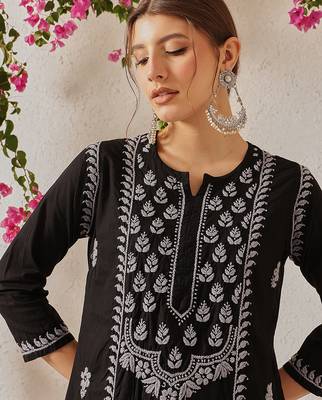 hand embroidered black cotton lucknowi chikankari straight kurta 6