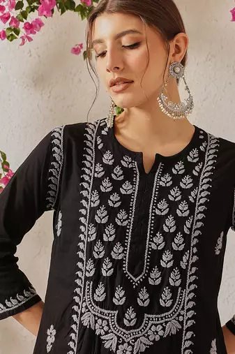 hand embroidered black cotton lucknowi chikankari straight kurta