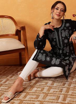 hand embroidered black cotton lucknowi chikankari straight kurta 6