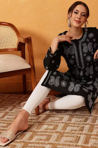 hand embroidered black cotton lucknowi chikankari straight kurta