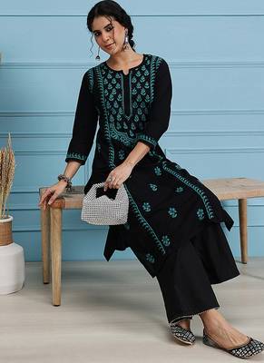 hand embroidered black cotton lucknowi chikankari straight kurta 6