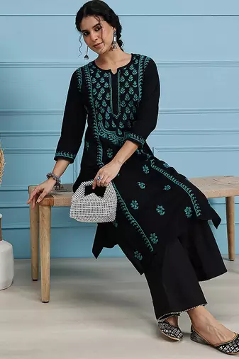 hand embroidered black cotton lucknowi chikankari straight kurta