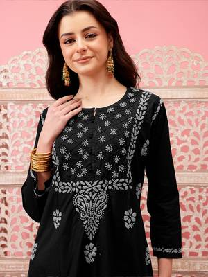 hand embroidered black cotton lucknowi chikankari straight kurta 6