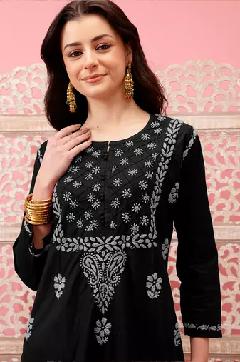 hand embroidered black cotton lucknowi chikankari straight kurta