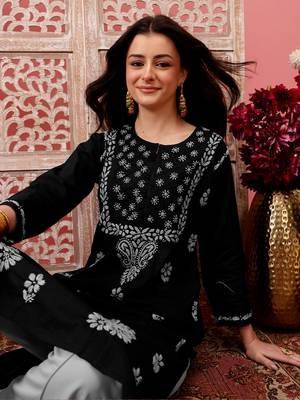 hand embroidered black cotton lucknowi chikankari straight kurta 7