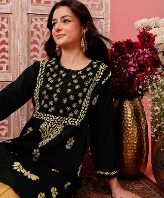 hand embroidered black cotton lucknowi chikankari straight kurta 6