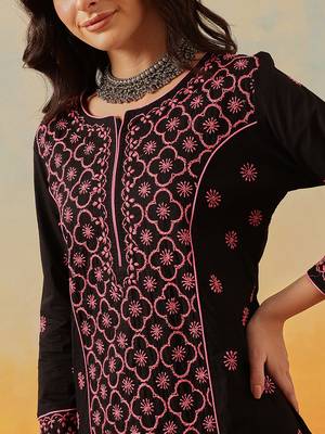 hand embroidered black cotton lucknowi chikankari straight long kurta 6