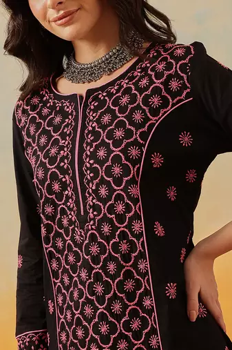hand embroidered black cotton lucknowi chikankari straight long kurta