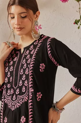 hand embroidered black cotton lucknowi chikankari straight kurta