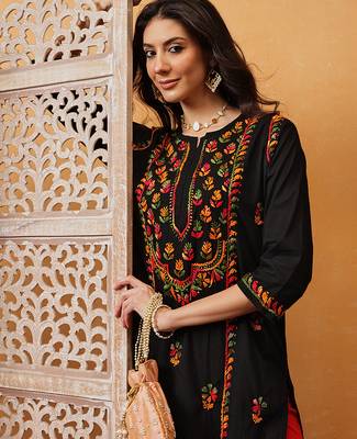 hand embroidered black cotton lucknowi chikankari straight kurta 6