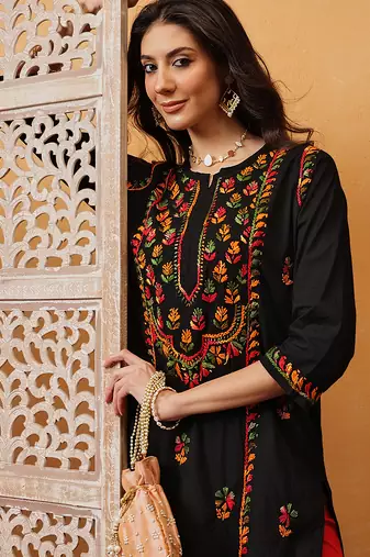 hand embroidered black cotton lucknowi chikankari straight kurta