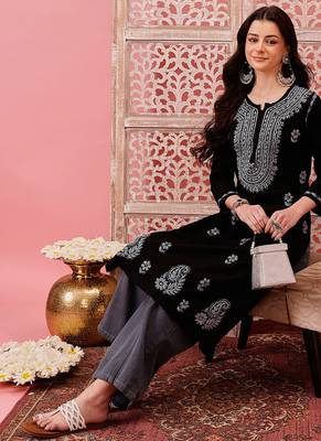 hand embroidered black cotton lucknowi chikankari straight kurta 6