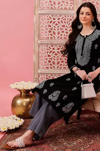 hand embroidered black cotton lucknowi chikankari straight kurta