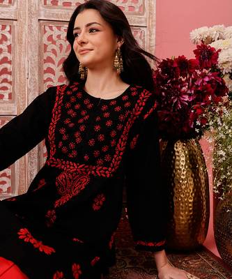 hand embroidered black cotton lucknowi chikankari straight kurta 6