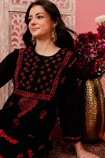 hand embroidered black cotton lucknowi chikankari straight kurta