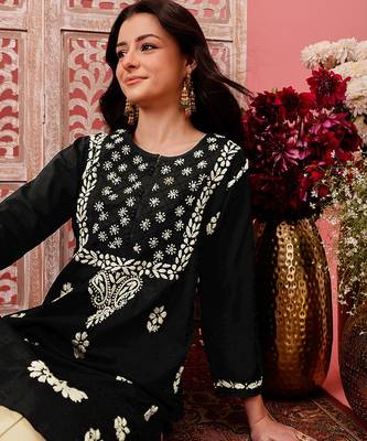 hand embroidered black cotton lucknowi chikankari straight kurta 6