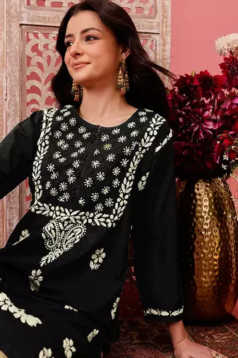hand embroidered black cotton lucknowi chikankari straight kurta