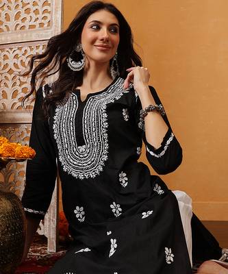 hand embroidered black cotton lucknowi chikankari straight kurta 6